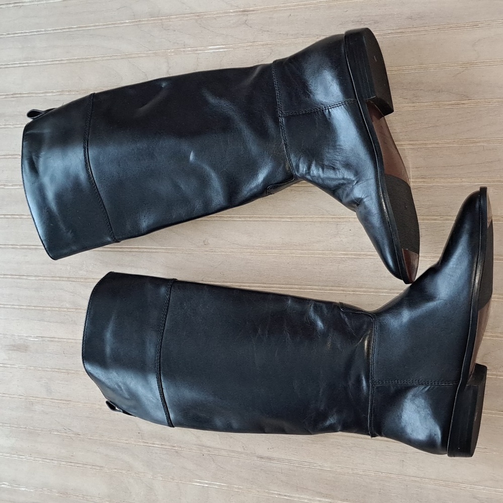 Calico Blue Ribbon Leather Tall Riding Boots Quality Durable Slip On Structured